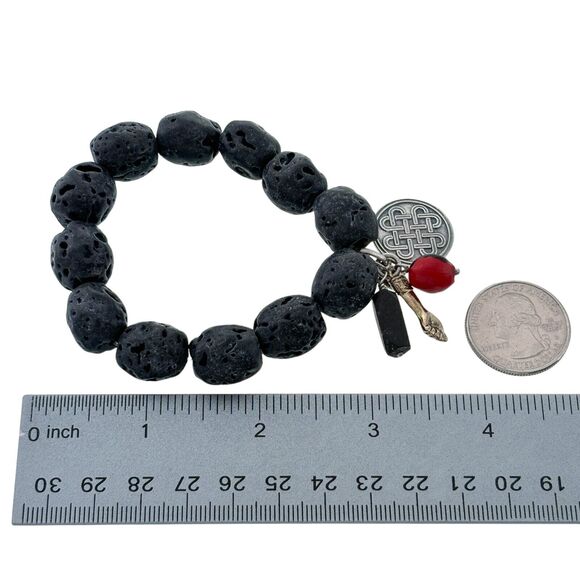 Sterling Silver 950 Black Lava Bead Figa Huayruro Knot Jet Stretch Bracelet 7" - Picture 5 of 6